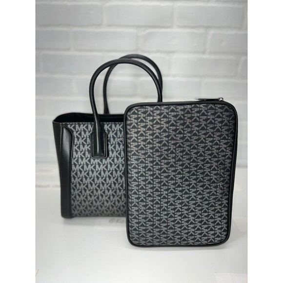 Michael Kors satchel medium purse ipad case kali tote shoulder bag black silver - Picture 6 of 11